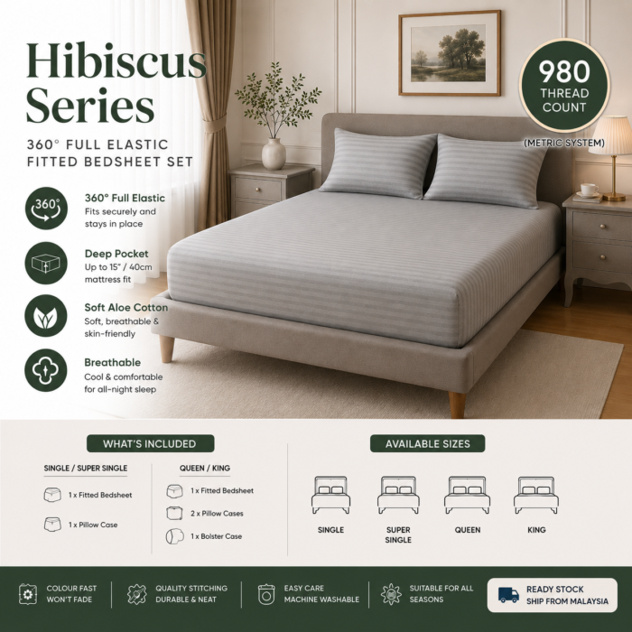 Nozomic Hibiscus Series 360° Full Elastic Fitted Bedsheet Set | Aloe Cotton | Deep Pocket 40cm | Single Super Single Queen King